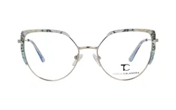 Armazón de metal color dorado con detalles florales en celeste, blanco y verde en la parte superior y en las patillas.