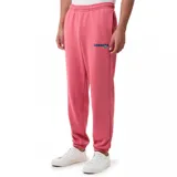 Pantalón de jogging rosado con puños elásticos y logo bordado en azul.