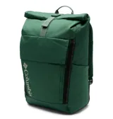 Mochila Columbia modelo Convey III 27L Omni-Shield de color verde, con cierre enrollable, tiras ajustables y el logo de la marca impreso en el frente.
