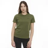 Remera verde militar de algodón, corte clásico, con cuello redondo y logo Wrangler estampado en el pecho.