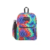 Mochila Jansport unisex con estampado tie-dye multicolor. Tiene un compartimento principal grande, un bolsillo lateral para botella de agua, un bolsillo frontal con organizador y tirantes acolchados.