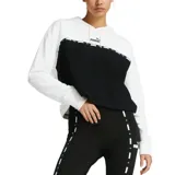 Buzo con capucha Puma para mujer, color rosa pálido, de corte cuadrado y relajado, con logo de Puma estampado en el pecho y cinta con el logo repetido a lo largo del pecho.