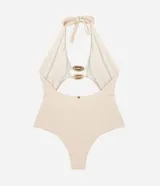 Malla entera de microfibra acanalada color beige, con diseño halter, recorte calado frontal con detalle central de aros decorativos y espalda abierta.