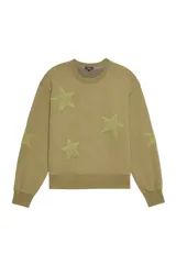 Buzo verde militar de algodón con cuello redondo y mangas largas. Tiene apliques de estrellas en el frente y en las mangas.