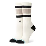 Medias Stance modelo Boyd Crew, color blanco con rayas horizontales negras y grises, talón y puntera negros, y logo de la marca en el tobillo.