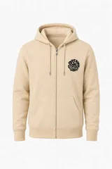 Campera con capucha y cierre frontal de cremallera, color beige, con bolsillos tipo canguro y estampa gráfica en el pecho con diseño de palmeras y texto "Southbeach".
