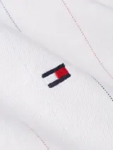 Camisa de hombre Tommy Hilfiger de corte regular, confeccionada en algodón Oxford blanco con finas rayas verticales en azul y rojo. Tiene cuello abotonado, puños redondeados con botón y logo bordado en el pecho.