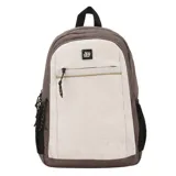 Mochila combinada en tonos marrón, beige y negro, con bolsillo lateral de red, correas acolchadas ajustables, interior con repartición para notebook y bolsillo frontal con cierre.