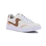 Championes acordonados Comfortflex, color blanco con detalles en marrón y rosa.