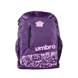 Mochila Umbro color violeta con estampado abstracto en la parte inferior y logo de la marca en rosa. Cuenta con un bolsillo frontal con cierre y bolsillos laterales de malla.