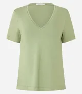 Blusa básica de manga corta y escote en V, color verde lima pálido.