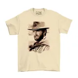 Remera de algodón color beige con estampa frontal en tonos sepia de Clint Eastwood con sombrero y cigarro.