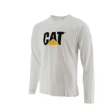 Remera blanca de manga larga con logo de Caterpillar estampado en el pecho en color negro y amarillo.