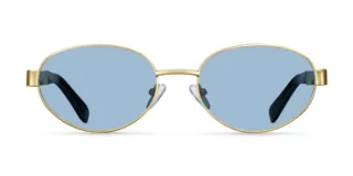 Lentes de sol con montura ovalada dorada, lentes celestes y patillas negras gruesas. Protección UV400.