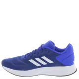 Championes de running Adidas Duramo SL 2.0, color azul con las icónicas tres tiras laterales en blanco. Presentan una estructura de malla transpirable, cordones ajustables y una entresuela blanca de amortiguación ligera.