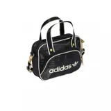 Bolso tipo bandolera Adidas Airliner, color negro con estampado geométrico sutil. Presenta el logo de la marca en el frente, detalles en blanco en los bordes y herrajes metálicos dorados. Incluye doble asa de mano y correa ajustable extraíble.