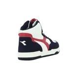 Championes de caña alta Diadora T3 Raptor High Sl, color blanco, azul marino y rojo. Confeccionados en cuero sintético y gamuza, con cordones blancos y suela de goma. Logo de la marca en el lateral y en la lengüeta.