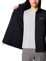 Campera técnica Columbia con capucha, confeccionada en tejido softshell resistente al viento y al agua. Presenta cierre frontal completo, bolsillos laterales con cierre y puños elásticos para mayor protección.