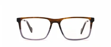 Armazón para lentes de acetato color marrón con detalles en lila en el borde inferior.