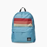 Mochila Reef azul con franjas horizontales rojas, naranjas y beige.
