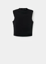 Top sin mangas de cuello perkins, confeccionado en tejido negro con acabado brillante de strass. Presenta un diseño entallado y cierre de botón en la parte posterior del cuello.