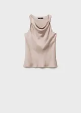 Top de fiesta sin mangas, confeccionado en tejido satinado color beige. Presenta un diseño recto con cuello drapeado y tirantes anchos.