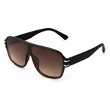 Lentes de sol tipo escudo con armazón de policarbonato marrón oscuro y detalles metálicos dorados en las patillas, con cristales degradados en tonos marrones y protección UV400.