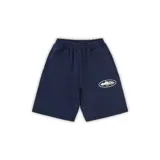 Short deportivo azul marino de algodón con cintura elástica y cordón ajustable. Presenta un estampado ovalado blanco con un diseño abstracto en la pierna derecha.