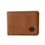 Billetera plegable color marrón, confeccionada en material sintético con costuras decorativas en contraste y logo metálico circular de la marca en la esquina inferior derecha.