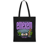 Tote bag negra de tela con estampado gráfico frontal que muestra un personaje con garras sosteniendo un aerosol de pintura, con el logo de la marca Emexem en color violeta.