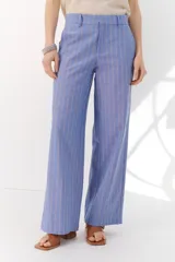 Pantalón de corte recto y relajado, confeccionado en una mezcla de lino y algodón. Presenta un diseño de rayas verticales en tonos azules y beige, con cintura con trabillas para cinturón y cierre frontal.