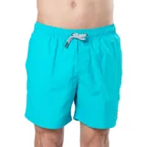 Short de baño celeste liso, con cintura elástica y cordón de ajuste trenzado blanco y gris.