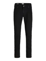 Pantalón jean negro de corte slim fit y tiro medio, con diseño clásico de cinco bolsillos y cierre de cremallera. Confeccionado en tejido de sarga con mezcla de algodón, poliéster, lyocell, viscosa y elastano.