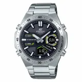Reloj Casio Edifice con caja y brazalete de acero inoxidable plateado. Presenta una esfera principal negra con indicadores analógicos y una pantalla digital en la parte inferior que muestra la hora (6:30), el día (SUN) y funciones como temporizador de cuenta regresiva (COUNTDOWN TIMER) y 3 alarmas. El bisel exterior tiene marcadores de minutos.