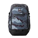 Mochila Rip Curl F-Light Posse 35L de diseño estampado en tonos grises y negros, con múltiples compartimentos con cierre, correas de compresión frontales y base reforzada.