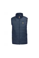 Chaleco acolchado azul marino con cuello alto y cierre frontal con cremallera.