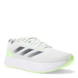 Championes de running Adidas Duramo SL, color blanco con detalles en gris y verde neón. Presentan tecnología de amortiguación LIGHTMOTION, parte superior de malla transpirable y suela de goma ADIWEAR para mayor durabilidad.