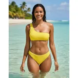 Bikini de dos piezas con textura acanalada, color amarillo. El top es de diseño asimétrico de un solo hombro y la parte inferior es de corte vedetina.