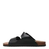 Sandalias de dos bandas negras con hebillas ajustables, base de corcho y suela de goma antideslizante.