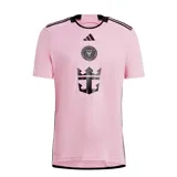 Camiseta de fútbol Adidas del Inter Miami CF, modelo temporada 24/25. Diseño rosa con detalles en negro en cuello, mangas y hombros. Incluye logo de Adidas, escudo del club y sponsor Royal Caribbean en el frente.