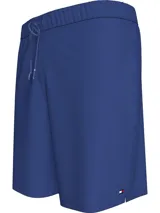 Bañador azul de corte recto, con cintura elástica ajustable con cordón.