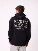 Canguro negro con capucha y estampado blanco en la espalda que incluye el logo de Rusty, texto y gráficos de peces.