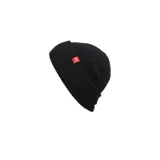 Gorro de lana éS modelo Block Beanie, color negro, con diseño tejido de canalé y pequeña etiqueta roja con el logo de la marca en el doblez.