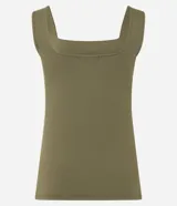 Blusa básica sin mangas marca Cortelle, confeccionada en poliamida con elastano. Presenta un diseño ajustado al cuerpo con escote cuadrado tanto en el frente como en la espalda y breteles medianos.