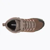 Bota de trekking Merrell modelo Crosslander 3 Mid WP, color marrón con detalles en negro y rosa. Diseño de caña media con membrana impermeable, puntera protectora, entresuela de espuma EVA y suela de goma con tracción.