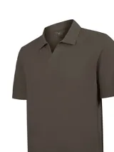 Remera de manga corta RKF modelo Vary, color marrón, confeccionada en mezcla de algodón orgánico y lino orgánico. Presenta cuello camisero con escote en V y diseño de corte moderno.