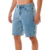 Bermuda de jean Rip Curl modelo Super Computer Denim 21", color celeste, con bolsillos laterales y traseros, presillas para cinto y cierre frontal con botón y cremallera.