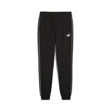 Pantalón de jogging negro con cintura elástica, cordón ajustable y logo de Puma estampado en blanco en la pierna izquierda. Presenta una franja blanca a lo largo de la pierna.