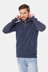 Canguro deportivo azul melange con capucha, medio cierre frontal con tirador de cuero sintético, cordones ajustables y bolsillo tipo canguro.