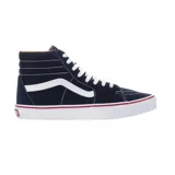 Championes Vans modelo Sk8-Hi de caña alta, color azul marino con la icónica banda lateral blanca, cordones blancos y suela de goma blanca con detalle de línea roja.